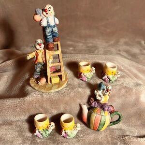 VINTAGE Circus Clowns Decorative Miniature Tea Set Pottery Figurines